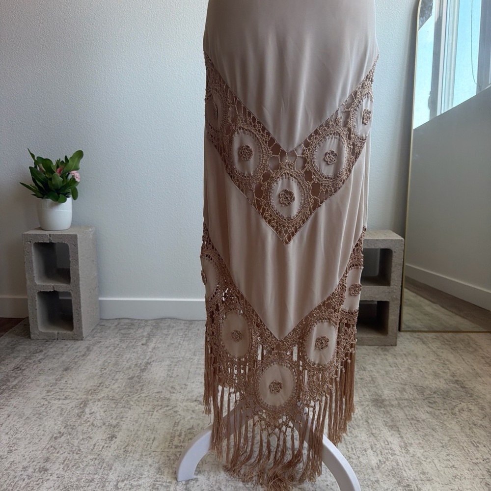 Sue Wong Boho Beige Halter Maxi Dress with Crochet Fringe size 2 - Picture 5 of 6